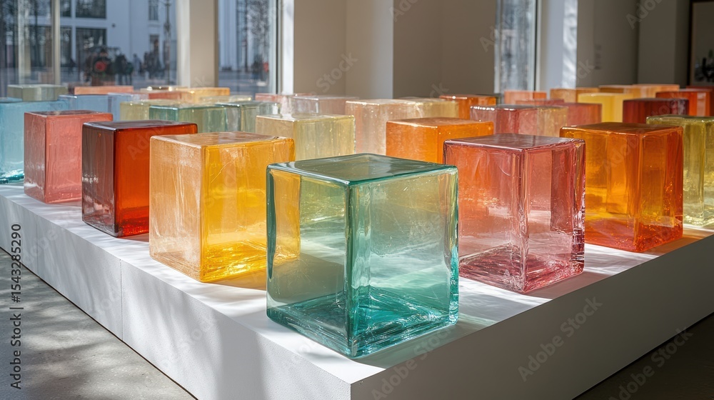 Poster array of colorful glass cubes art installation lit by sunlight in modern architecture setting