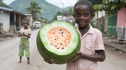 A boy holding a watermelon.