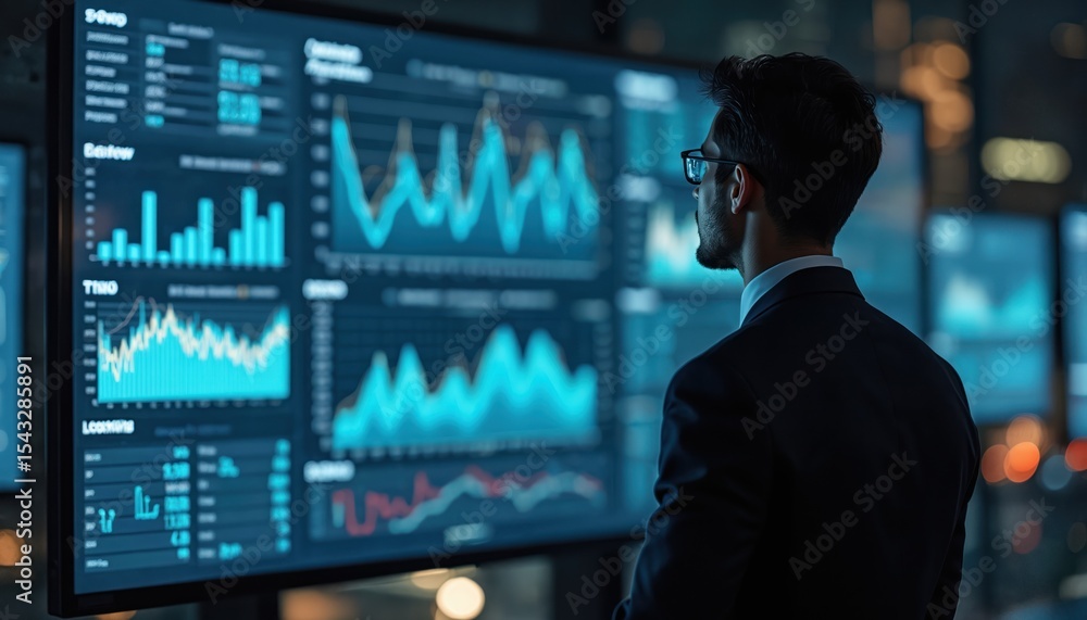 Aufkleber businessman looks at ai control center screen displaying data charts. multiple screens, dark tones c