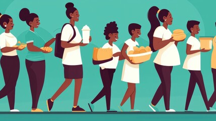 A group of diverse women carrying food baskets and containers.
