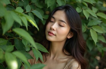 Asian woman with long hair resting in lush green foliage. Natural blending with vibrant leaves in serene outdoor setting. Concept of harmony, beauty and wellness. Summer vibes.