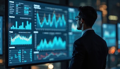 Businessman looks at AI control center screen displaying data charts. Multiple screens, dark tones city lights background. Formal business attire. AI technology analyzes market, financial trends.