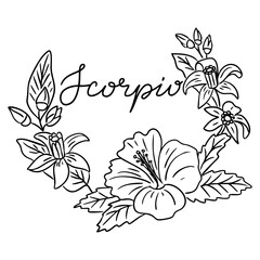 Scorpio zodiac sign with blooming flowers in a delicate wreath composition. Concept represents astrology, nature connection and personal identity through floral symbolism