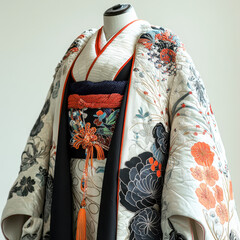 Elegant Off White and Black Japanese Kimono with Floral Embroidery