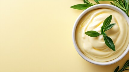 A top view of creamy mayonnaise presented in an elegant bowl, garnished with fresh green leaves, set against a soft yellow background that conveys freshness and simplicity.