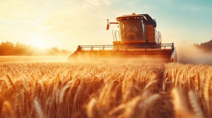 Fototapeta premium A powerful combine harvester cutting through golden wheat fields during sunset, capturing the essence of agriculture, hard work, and the beauty of nature in a stunning landscape.
