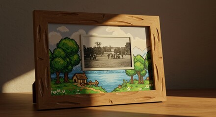 Pixel Art Lakeside Scene with Vintage Photo in Carved Wooden Frame