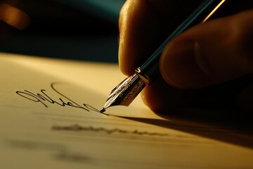 A hand elegantly signs a document using a fountain pen, the image exudes sophistication and...