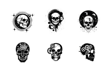 Six skull silhouettes cosmic and steampunk designs