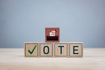A wooden block with the letters VOTE and a check mark. Concept of election, political election...