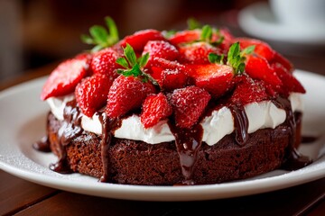 A chocolate cake layered with whipped cream and fresh strawberries sits invitingly on a plate in a cafe. The rich dessert glistens under soft lighting, surrounded by a warm atmosphere