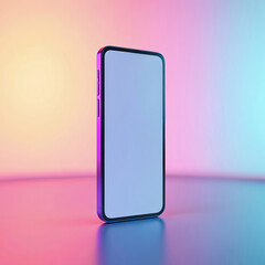 Modern smartphone blank screen, stands on reflective surface under vibrant neon glow, iridescent lighting. Minimalist composition shows mobile app designs, new tech concept.