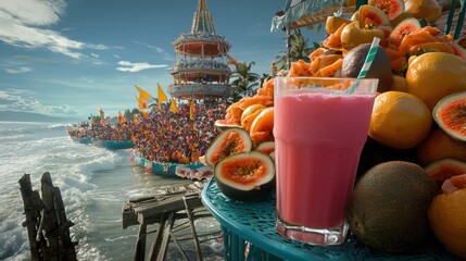 A pink smoothie in a glass sits on a blue table next to a pile of fruit and a temple in the background.