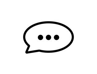 Black and white chat icon with 3 dots. White outline with black stroke speech bubble vector icon