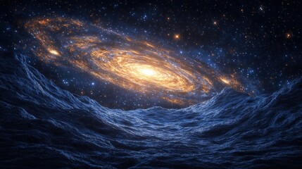 Spiral galaxy amidst star-studded cosmos,  icy terrain