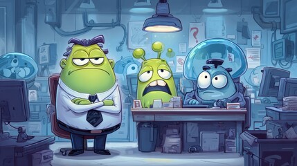 A group of alien office workers in a futuristic workplace.