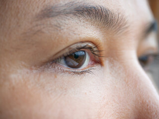Macro expression shot of Asian woman's eyes with close-up on eyelashes and pupil.
