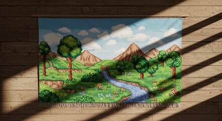 Pixelated Tapestry Depicting a Serene River Valley Scene