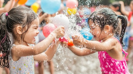 A girl in a pink dress splashing water at another girl in a white dress.