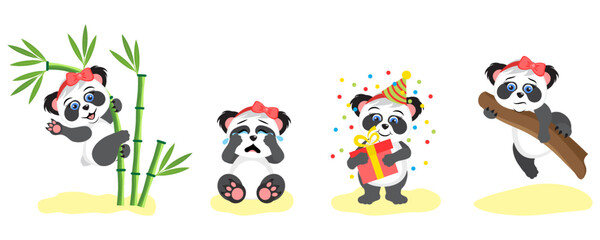 Naklejka premium Cute funny emotional pandas set with bamboo. Cute little panda girl celebrates his birthday, plays, cries. Cartoon animal character. Vector illustration.