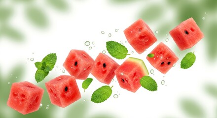 Fresh watermelon cubes and mint leaves being blown to the side as if by wind, with condensation droplets on the fruit. 