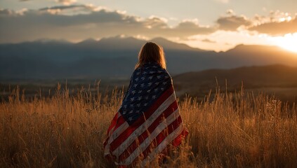 American flag draped over woman in field at sunset patriotic usa independence day celebration background image