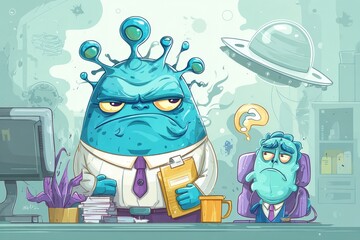 Two alien office workers, one frustrated, the other perplexed.