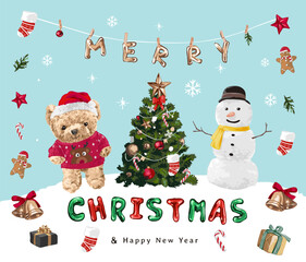 cute Christmas card with bear doll, snow man and Christmas tree vector illustration