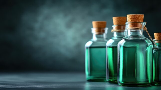 An artistic arrangement of vintage glass bottles containing vibrant green liquids, showcasing a creative visual aesthetic suitable for various design concepts.
