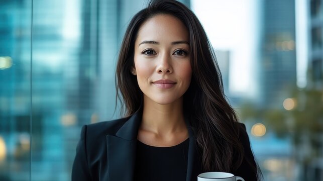 A confident businesswoman stands in an urban setting, holding a coffee cup, symbolizing professionalism and modernity amid a sleek city backdrop filled with glass.