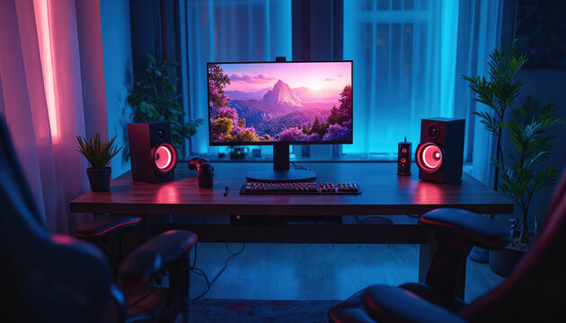 Modern gaming room setup features desktop computer, ergonomic chair, neon lights. Large monitor displays scenic landscape. Includes speakers, keyboard, gamepad. Perfect for esports, streaming video