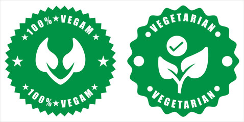 Two green badges with vegan and vegetarian labels and leaf icons on a white background. Vegan emblem for eco packaging. Round eco label with leaf symbols. Natural food badge with green print