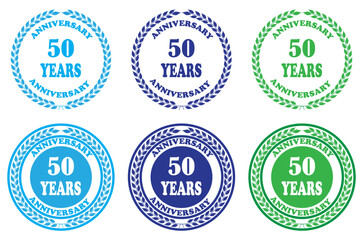 A collection of anniversary seals in various colors celebrating fifty years of service or milestones. Blue and green 50 years anniversary badges. Classic design for 50th celebration icons