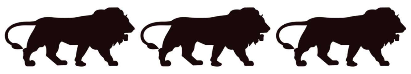 Three identical lion silhouettes walking side by side against a white background in a simple design. Black lion silhouette shows unity. Logo concept with three lion icons