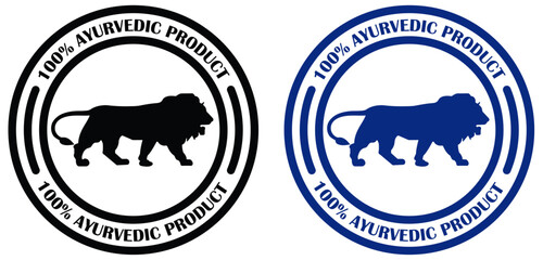Two ayurvedic product logos with lion in black and blue color in a circle design on white background. 100% ayurvedic certification design set. Black and blue lion icons for label