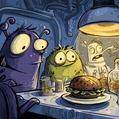 Friendly creatures gathered around a table, sharing a meal.