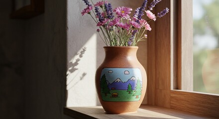 Sunlit Windowsill Vase with Pixelated Mountain Scene and Lavender Flowers