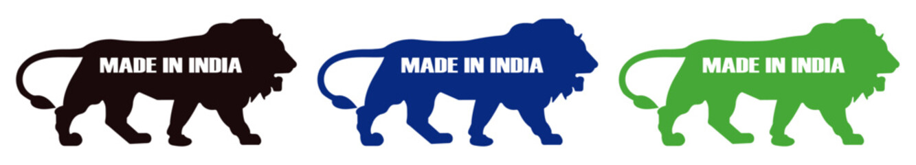 Three lions in different colors with made in india text on each lion silhouette on white background. Three lion logos for made in india. Patriotic lion icons in color set