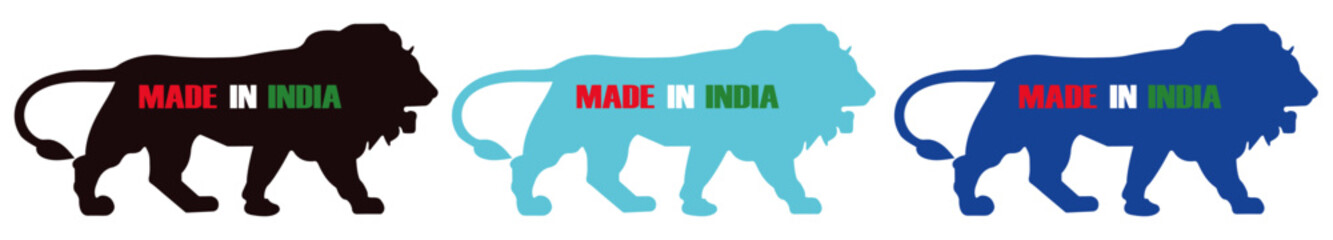 Three lions in different colors displaying made in india message on a white background design vector. Tricolor lion logos for made in india. Three lion emblems for patriotic use