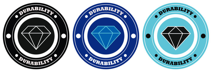 Three durability icons each featuring a diamond shape and circular border in different color schemes. Durability badges with diamond symbols.  Set of product labels for strength rating