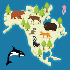 Animals on the map of North America. Vector illustration in flat style