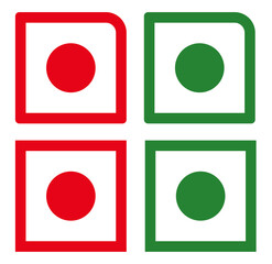 A visual representation of dietary symbols featuring red and green circles within square designs icons food. Signal icons with colored circles. Red and green traffic square signs
