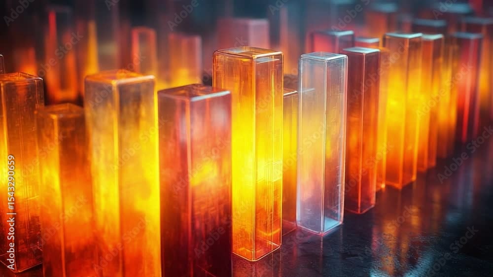 Poster Abstract Cityscape of Light: A mesmerizing abstract composition of illuminated glass structures, rendered in a vibrant spectrum of fiery oranges and soft ambers.
