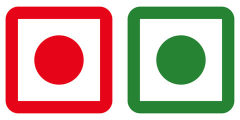 Two square icons with rounded corners one red and one green each containing a solid circle inside centered. Red and green food classification icons. Veg non veg dietary square labels