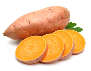 Sweet potato showing its orange inside on white background