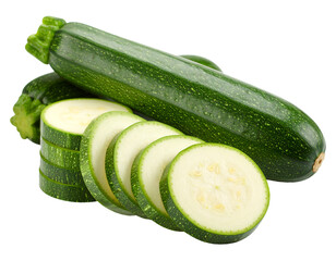 Fresh whole and sliced zucchini isolated on transparent background
