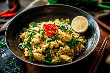 Fototapeta premium A vibrant dish features fluffy rice mixed with tender chicken, crisp green beans, and fragrant herbs. Lime and sliced chili add freshness and a hint of spice to the meal