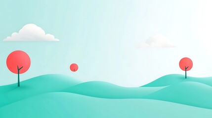 A stylized landscape with hills and trees.