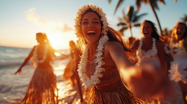 A vibrant group of women, adorned with flower leis, joyfully celebrates on the beach at sunset, capturing the spirit of friendship and carefree happiness.