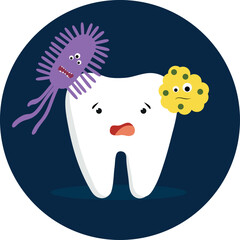 Cute cartoon tooth with bacteria and virus on blue background. Vector illustration.